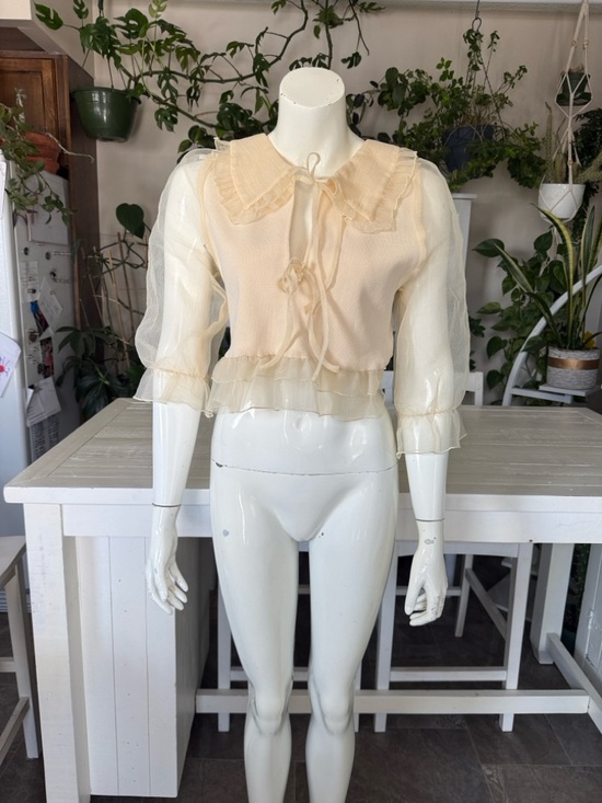 Zara organza knit Sheer Ruffle-Trim Cream Blouse with Tie Neck NWOT Sm - Picture 7 of 16